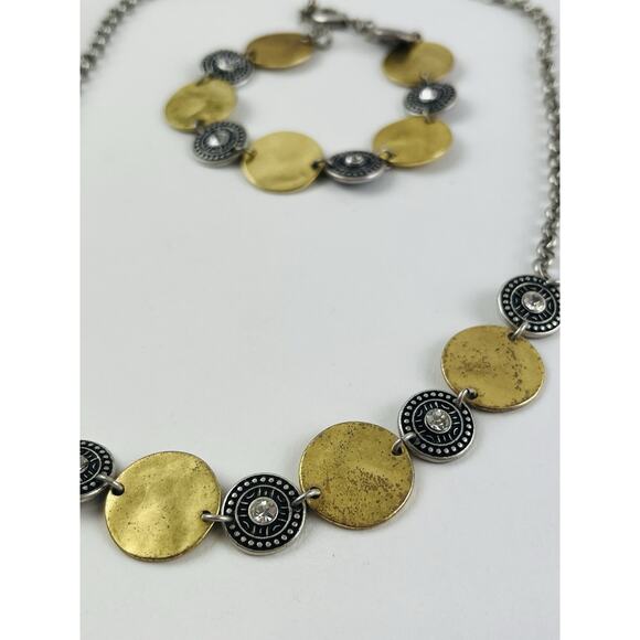 2 Tone Coin Disc Necklace Bracelet Rhinestone Boho Matte Brass Gold Silver disk - Picture 6 of 15
